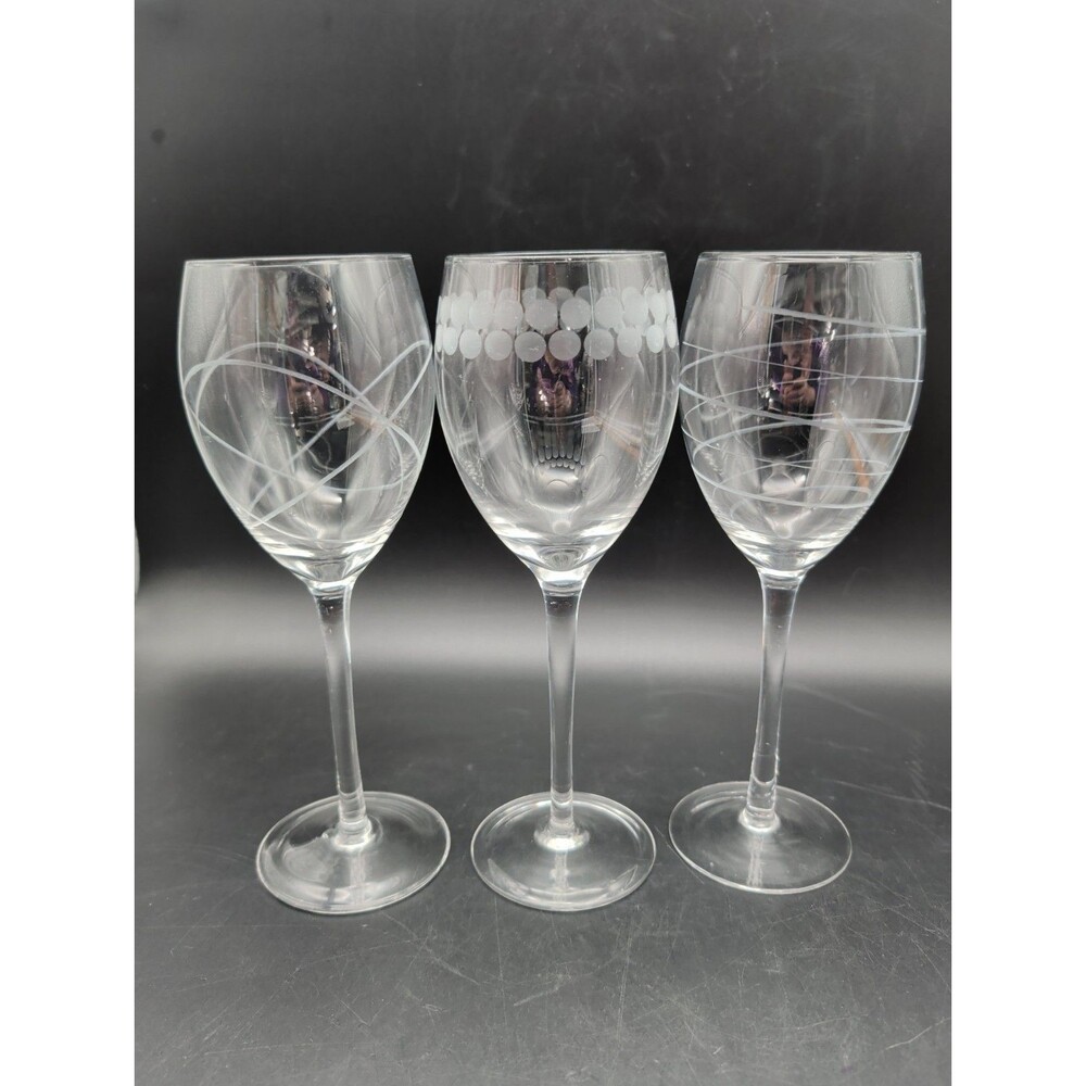 Etched Wine Glasses Goblet Dots Swirls Spiral 9" Set Of 3